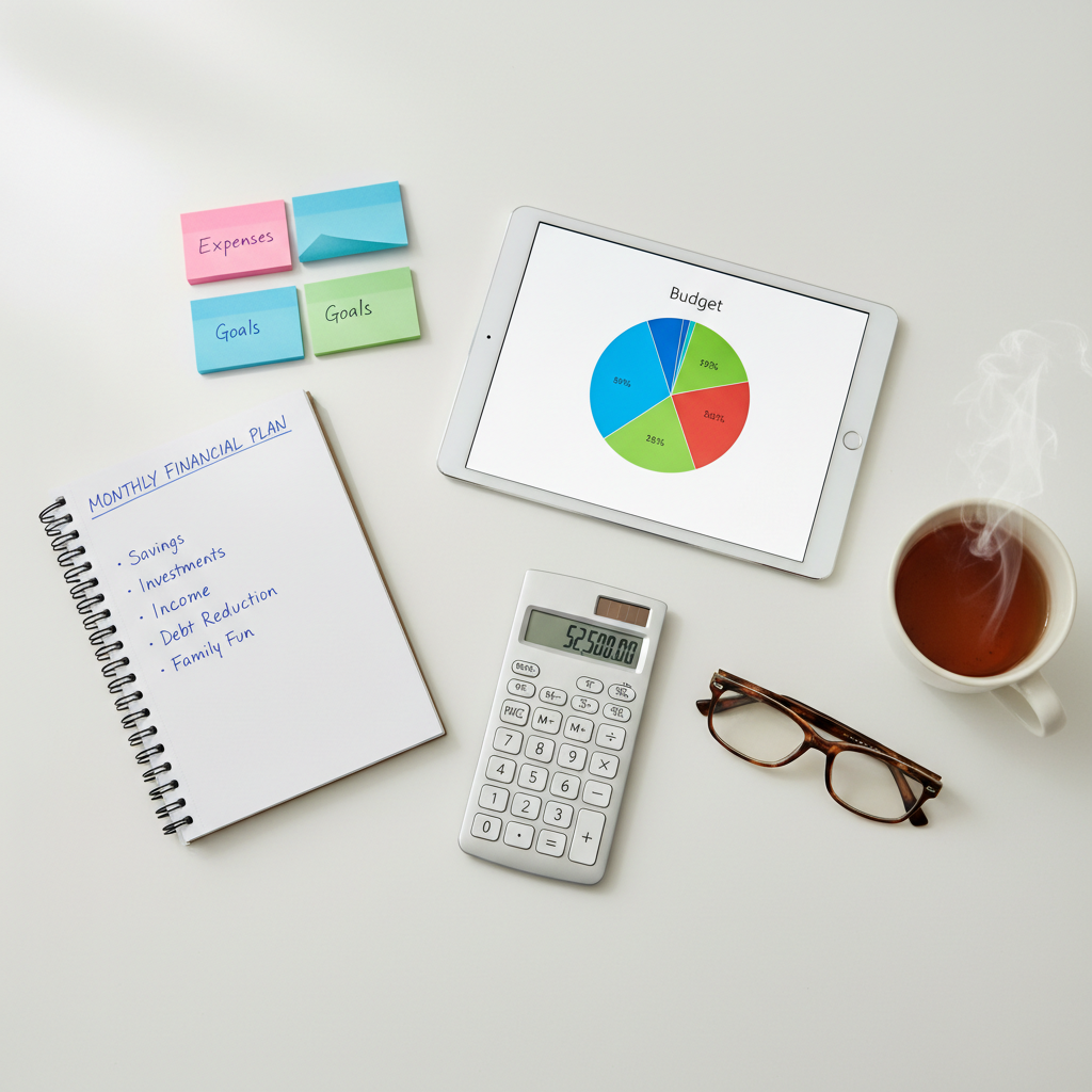 A detailed overhead photographic view of a well-organized financial planning session represented through objects: a tablet showing a bright, multi-colored budget wheel, a spiral notebook open to a neatly handwritten monthly plan, color-coded sticky notes, and a slim calculator with softly illuminated buttons, all arranged symmetrically on a smooth white table. A pair of reading glasses and a ceramic mug of tea add warmth and approachability. Soft, diffused daylight from an unseen side window brightens the scene, creating minimal shadows. The composition uses rule of thirds and a minimalist, modern style to express clarity, control, and structured planning for families and individuals.