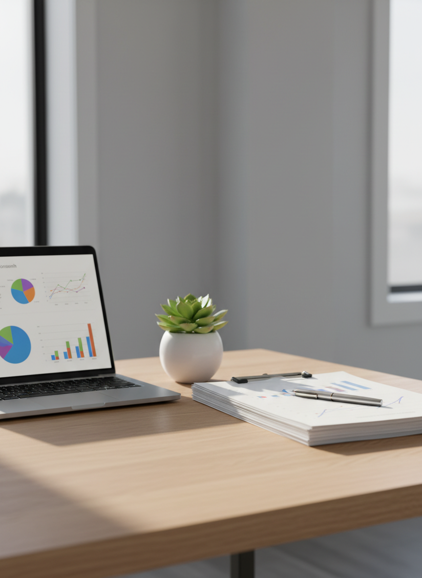 A sleek, organized financial planning workspace arranged on a light oak desk, featuring a high-resolution laptop displaying colorful charts, a neatly stacked set of paper reports with subtle graphs, a slim metal pen, and a small, healthy green plant in a white ceramic pot. The scene is set in a modern home office with pale gray walls and a large, unseen window casting soft morning daylight across the surface, creating gentle, believable shadows. Photographic realism at eye level, with a clean, modern aesthetic and shallow depth of field, keeps the focus on clarity and order, conveying a calm, confident, and professional atmosphere suitable for a financial counseling website hero image.